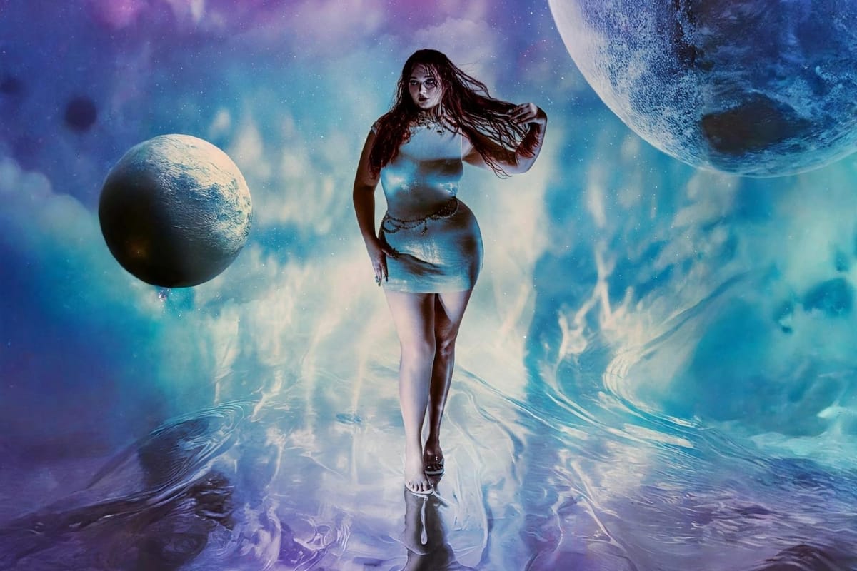 Luminous and assured, Chlo is built from cosmic textures and star like confidence